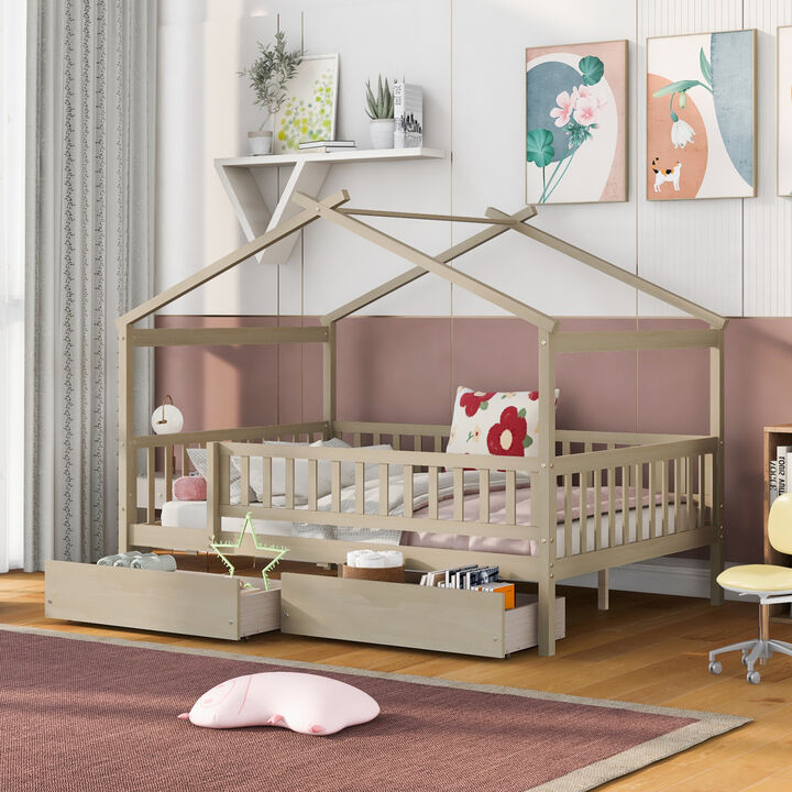 Streamdale Full Size Wooden House Bed With Two Drawers