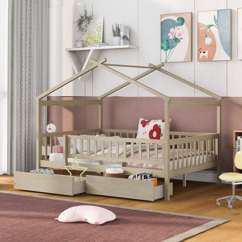 Streamdale Full Size Wooden House Bed With Two Drawers
