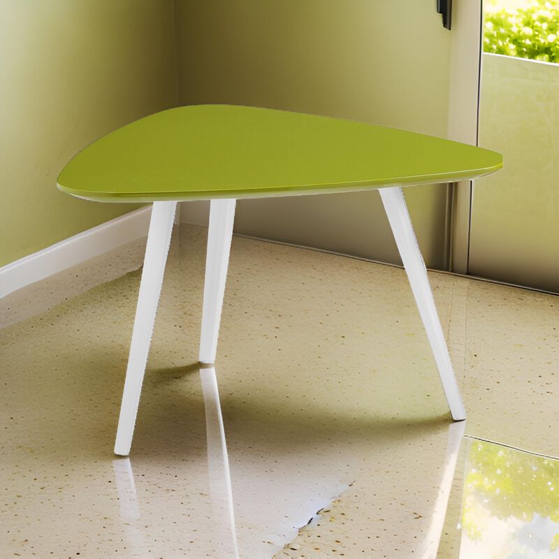 23 Inch Accent Table, Triangular Top, Green Lacquer Top and White Legs - Benzara