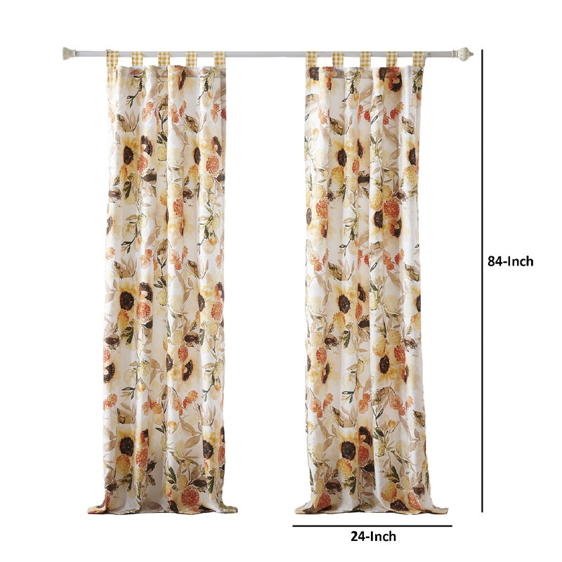 Kelsa Set of 2 Panel Curtains with Watercolor Sunflowers, Ruffled, Gold - Benzara