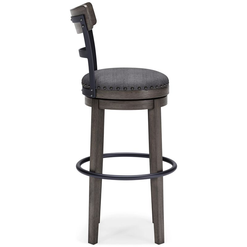 Swivel Barstool with Nailhead Trim and Curved Panel Back, Tall, Gray-Benzara