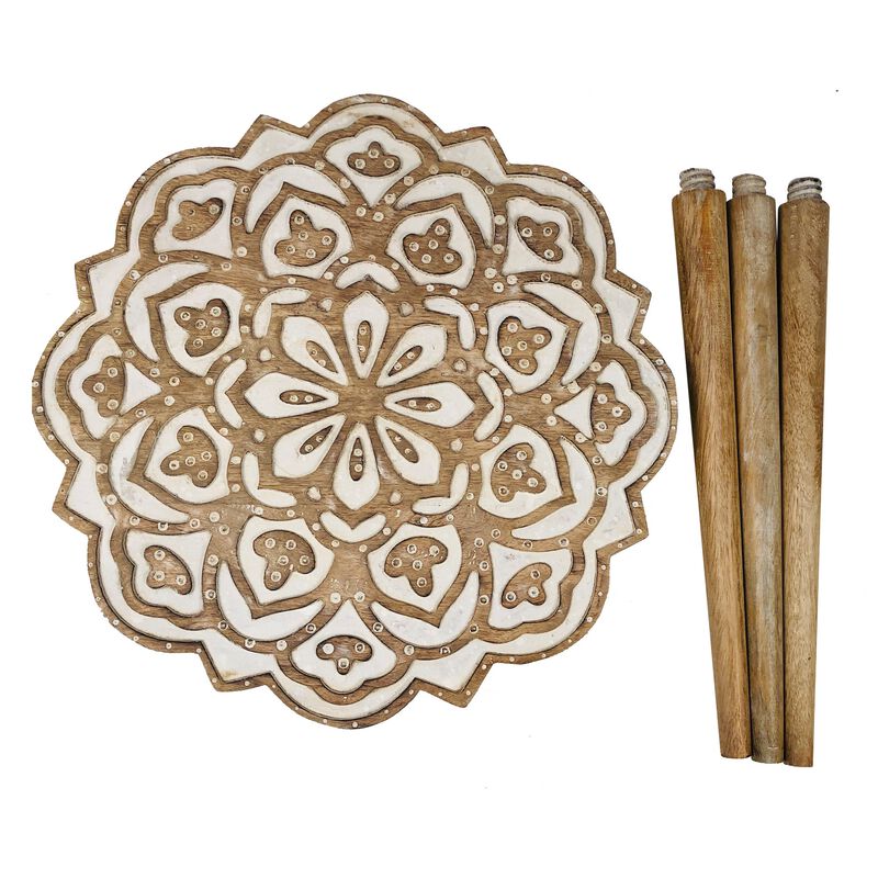 18 Inch Handcrafted Mango Wood Side End Table, Floral Carved Top, Tripod Base, Antique Brown, White-Benzara