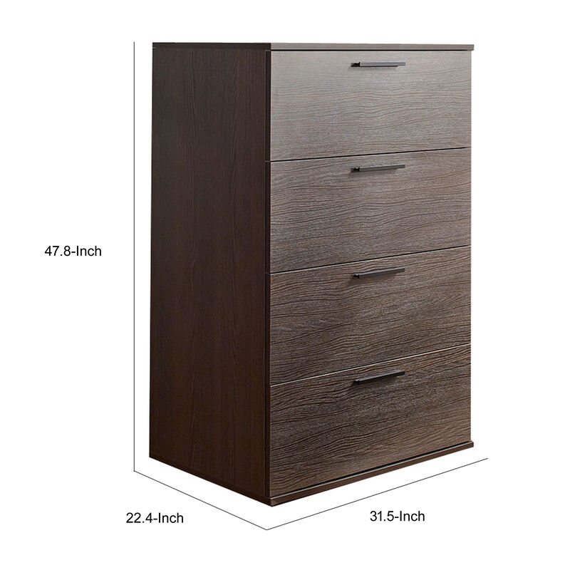 Levy Tall Dresser Chest, 4 Jumbo Drawers, Farmhouse Dark Brown Wood Finish - Benzara