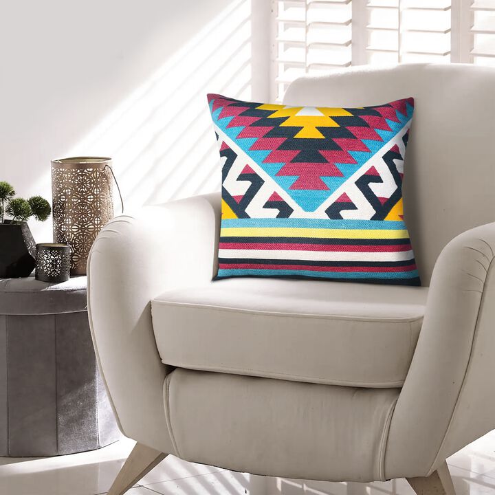 24 x 24 Square Cotton Accent Throw Pillows, Geometric Aztec Pattern, Set of 2, Multicolor-Benzara