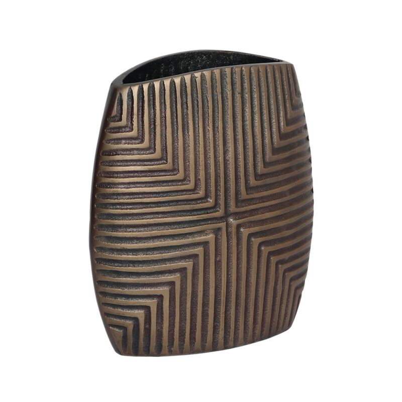 Ako 10 Inch Vase, Modern, Ribbed Body Design, Curved Top, Antique Brass - Benzara