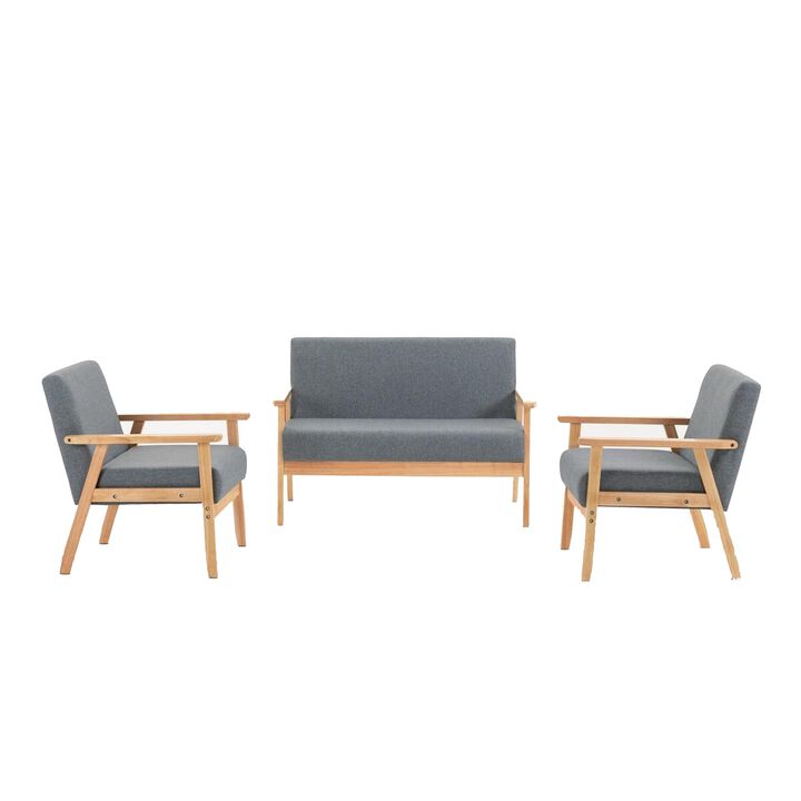 Gala 3 Piece Loveseat and Chair Set, Gray Fabric, Natural Brown Wood Frame