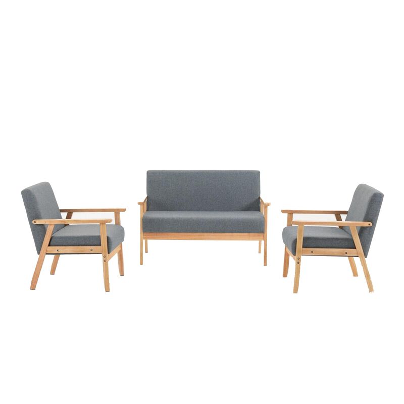 Gala 3 Piece Loveseat and Chair Set, Gray Fabric, Natural Brown Wood Frame