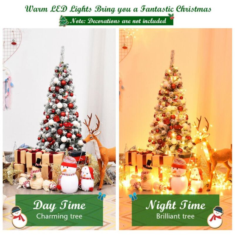 Hivvago 4.5 Feet Pre-Lit Snow Flocked Pencil Christmas Tree with 150 LED Light