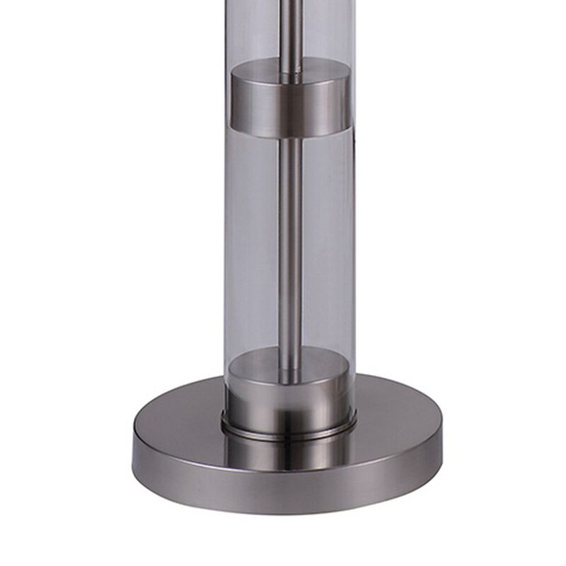 Kria 60 Inch Floor Lamp, Clear Glass Stand, Metal Bands, Satin Nickel-Benzara