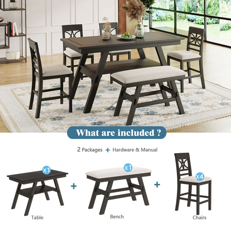6-Piece Wood Counter Height Dining Table Set with Storage Shelf