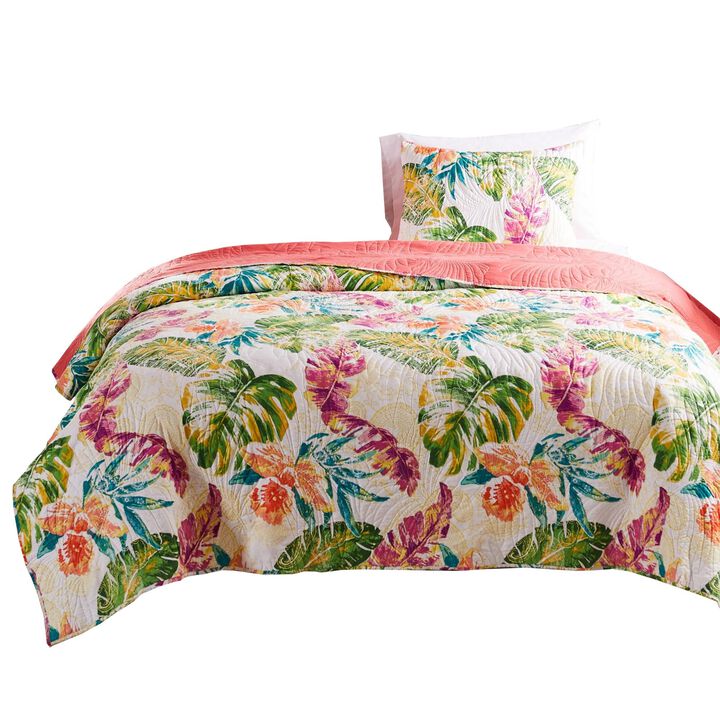 Aulne 2 Piece Twin Quilt Set with Leaf Print, Multicolor - Benzara
