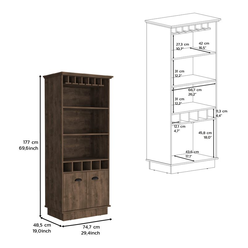 DEPOT E-SHOP Elon Bar Cabinet with Wine Rack  70"H, Upper Glass Cabinet, three Open Storage Shelves and One Cabinet,Dark Brown