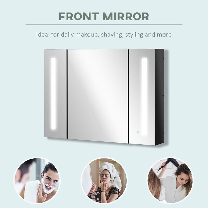 LED Medicine Cabinet Wall-Mounted Bathroom 3 Mirrored Door High Gloss Black