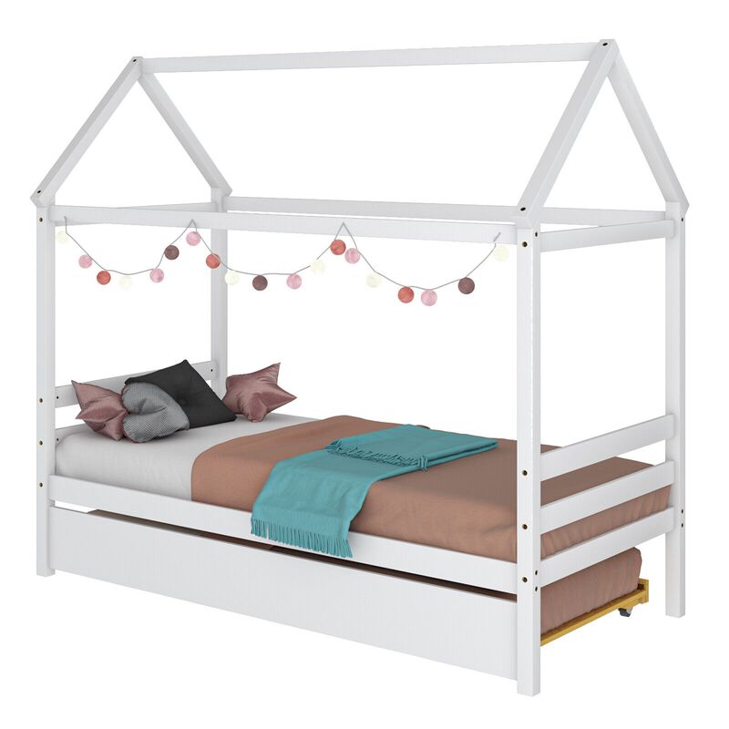 Kids Platform Bed Frame with Roof for Bedroom