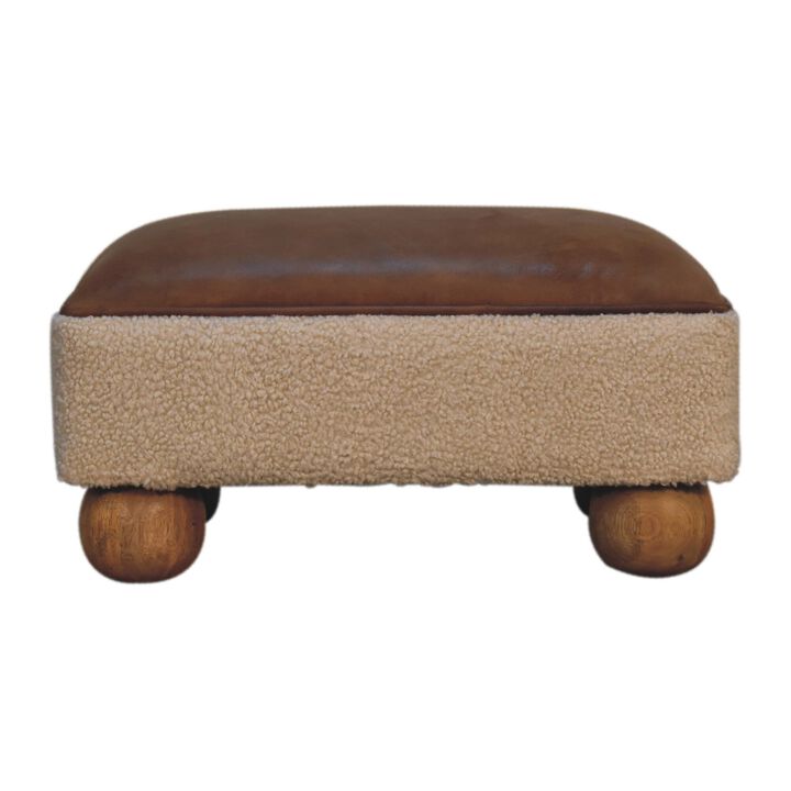 Tan Buffalo Leather Boucle Footstool with Ball Feet Tan Buffalo Leather Boucle Footstool with Ball Feet