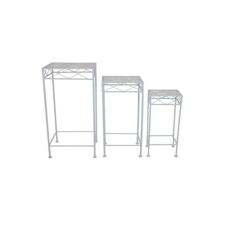 Kyi Nesting Plant Stand Set of 3, Square Carved Cutout Display, White Metal - Benzara
