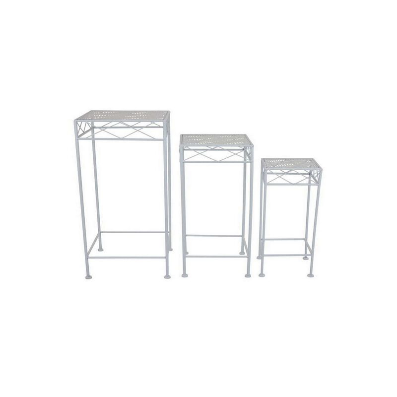 Kyi Nesting Plant Stand Set of 3, Square Carved Cutout Display, White Metal - Benzara