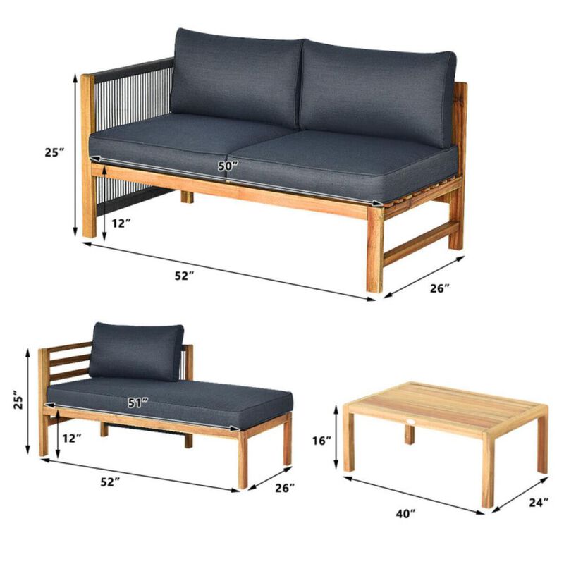 Hivvago 3 Pieces Patio Acacia Wood Sofa Furniture Set with Nylon Rope Armrest