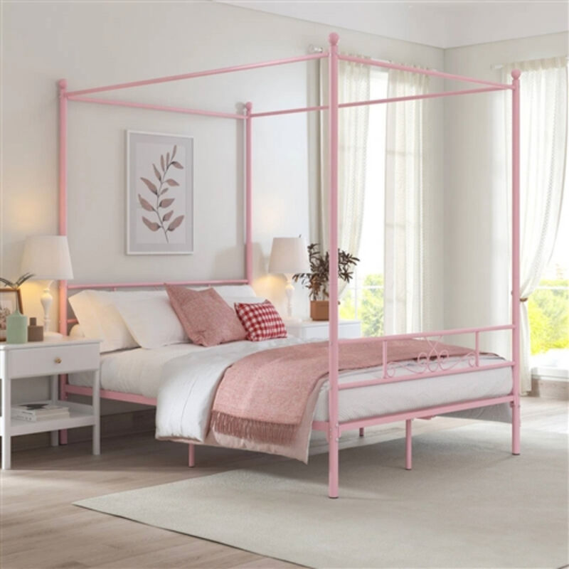 Elegant Four Poster Metal Canopy Bed for Bedroom with Adjustable Size Options