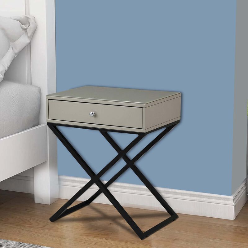 Zeno 27 Inch 1 Drawer Nightstand, Glass Top, Black Metal Cross Legs, Taupe-Benzara