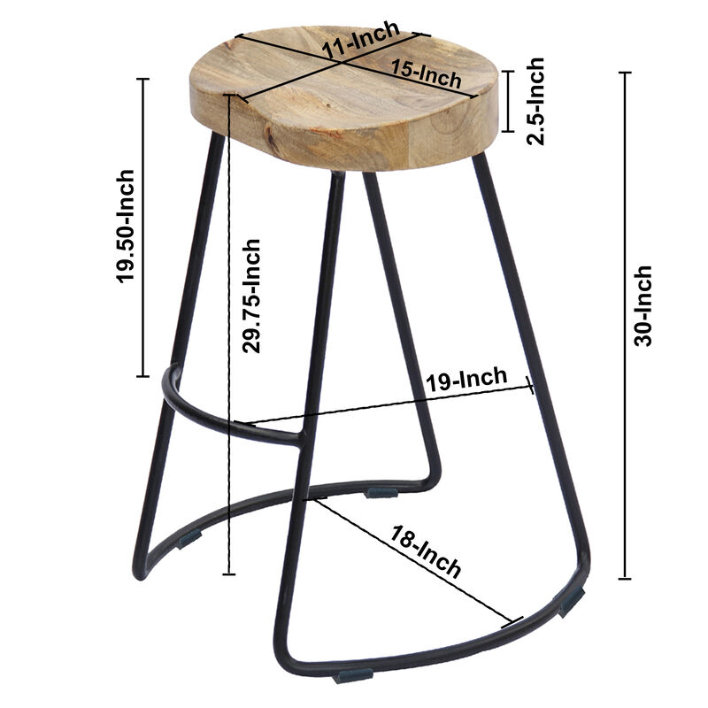 Ela 30 Inch Mango Wood Industrial Barstool, Saddle Seat, Iron Frame, Set of 2, Brown, Black-Benzara