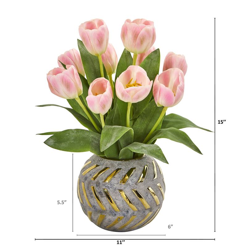 Nearly Natural 15-in Tulip Artificial Arrangement in Decorative Vase