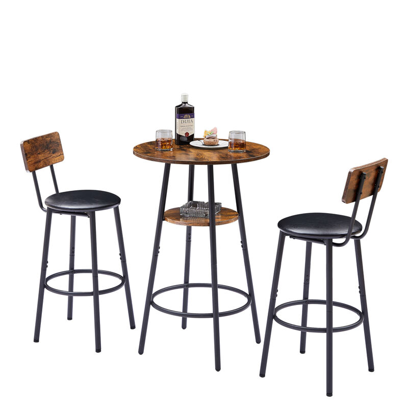 Upholstered Round Barstool Set with Backrest, Rustic Brown, 23.62" W X 23.62" D X 35.43"