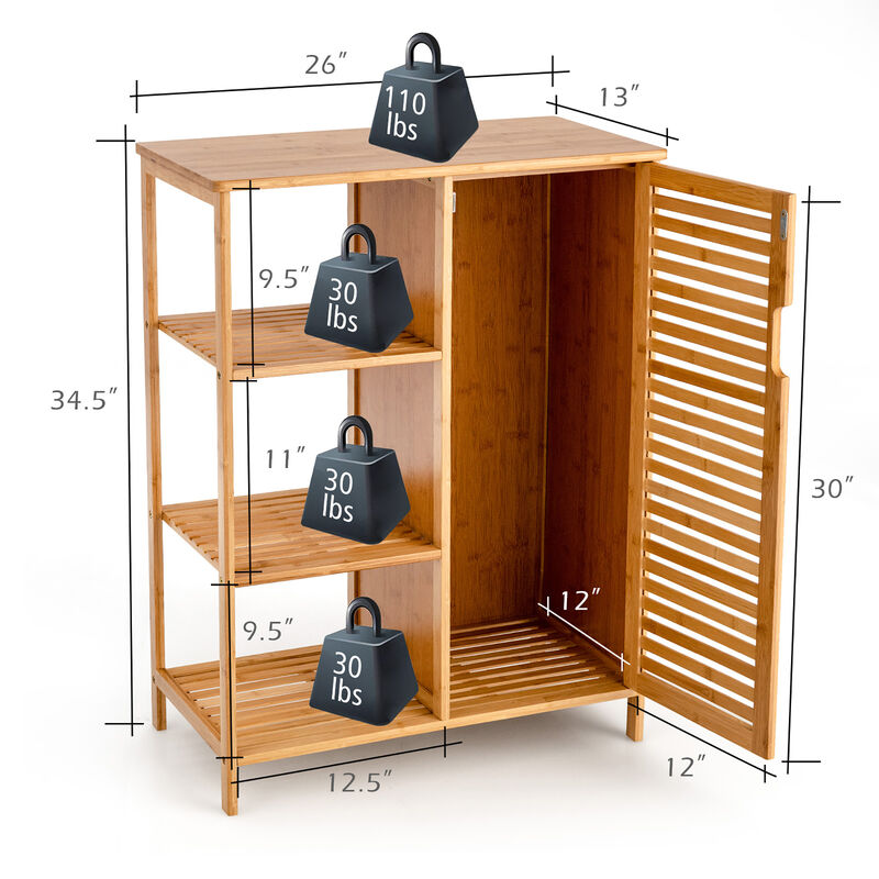 Costway Bathroom Cabinet Bamboo Storage Floor Cabinet w/ Single Door & 3 Open Shelves