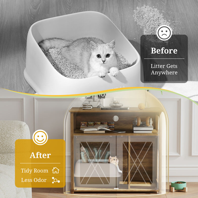 Cat Litter Box Enclosure with Double Barn Doors  Divider  Side Entry and Storage Shelf