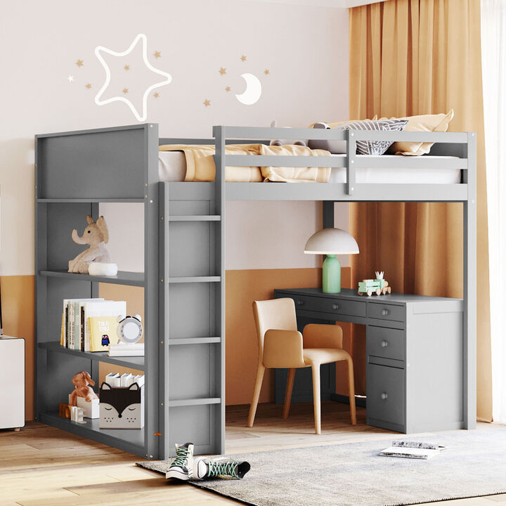 Full Size Loft Bed With Ladder, Shelves, And Desk