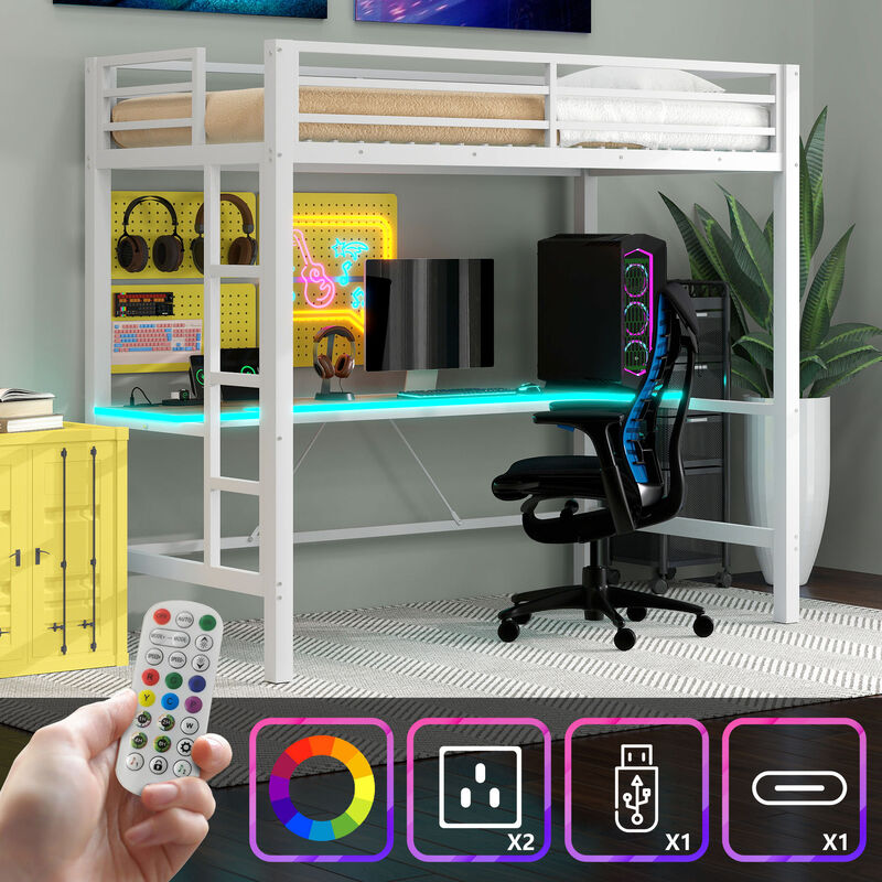 Merax Gaming Metal Loft Bed Frame with LED Light and Desk
