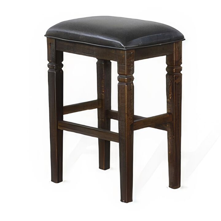 Flint Barstool, Backless, Plush Black Vinyl Seat, Dark Brown Mahogany - Benzara