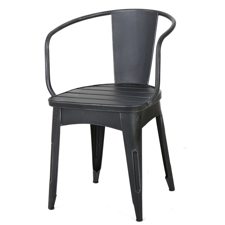 Rune Outdoor Bistro Set, 2 Chairs, Round Slatted Table, Black Iron - Benzara
