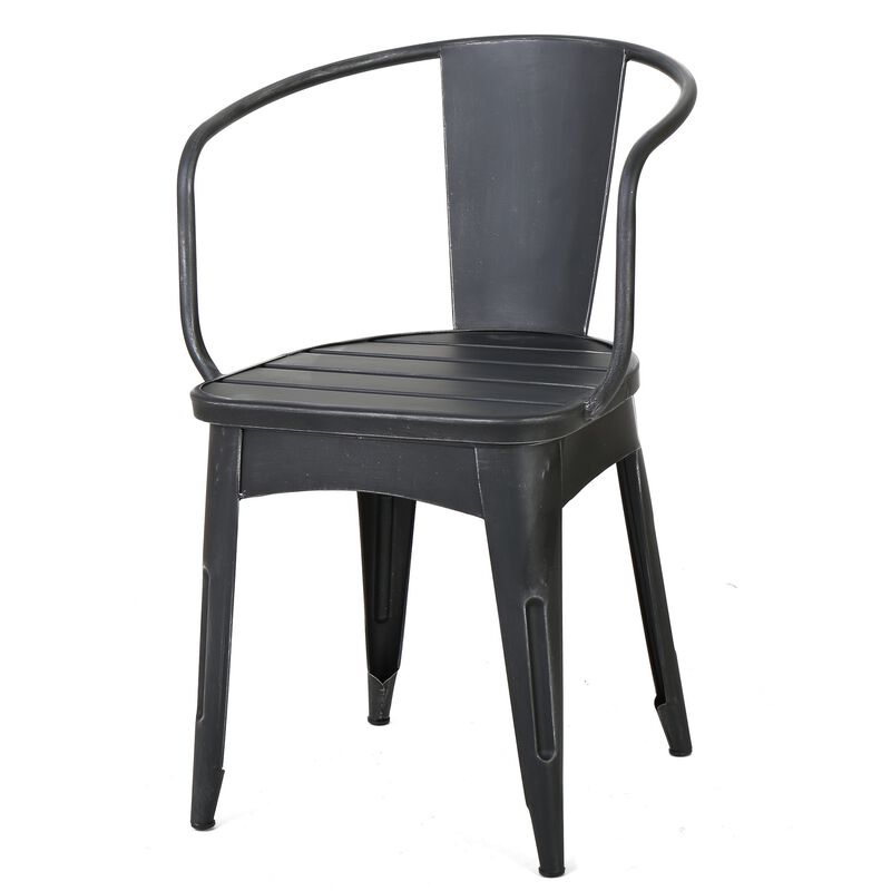 Rune Outdoor Bistro Set, 2 Chairs, Round Slatted Table, Black Iron - Benzara