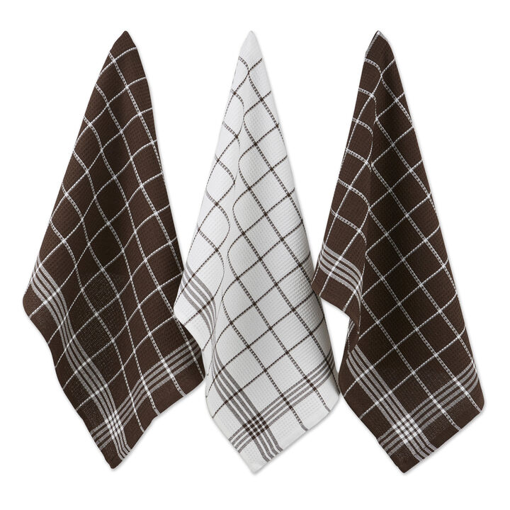 Set of 6 Mocha Brown and White Waffle Weave Dish Towel  25"