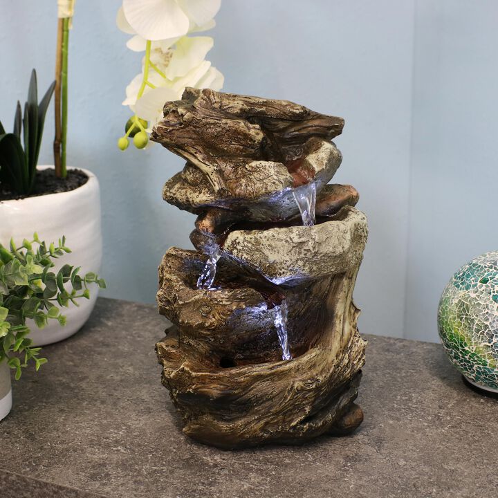 Sunnydaze Tiered Rock and Log Indoor Water Fountain with LEDs - 10.5 in