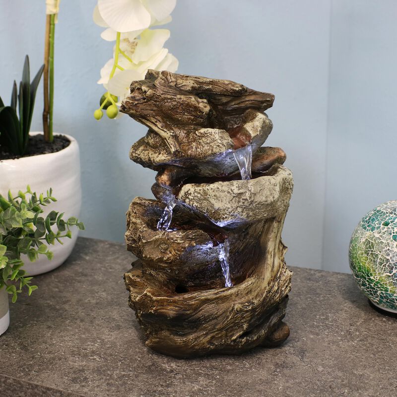 Sunnydaze Tiered Rock and Log Indoor Water Fountain with LEDs - 10.5 in