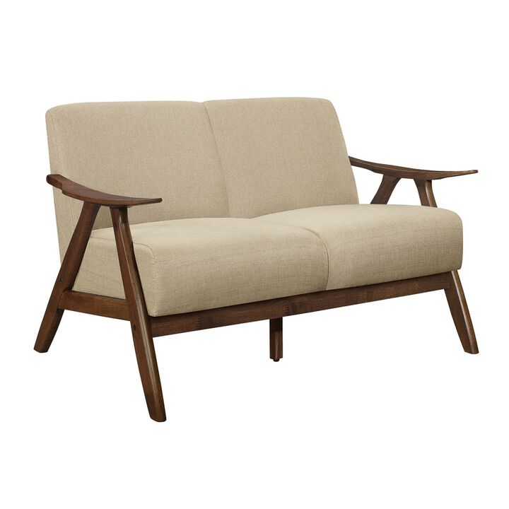 Indy 51 Inch Loveseat, Brown Rubberwood Angled Frame, Textured Beige Fabric - Benzara