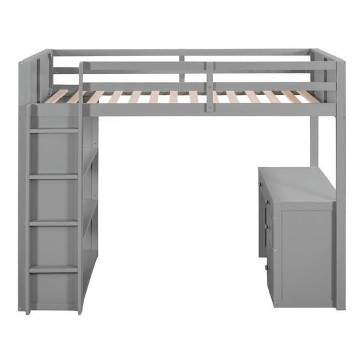 Loft Bed with Ladder Space-Saving Design with Built-In Shelves & Desk