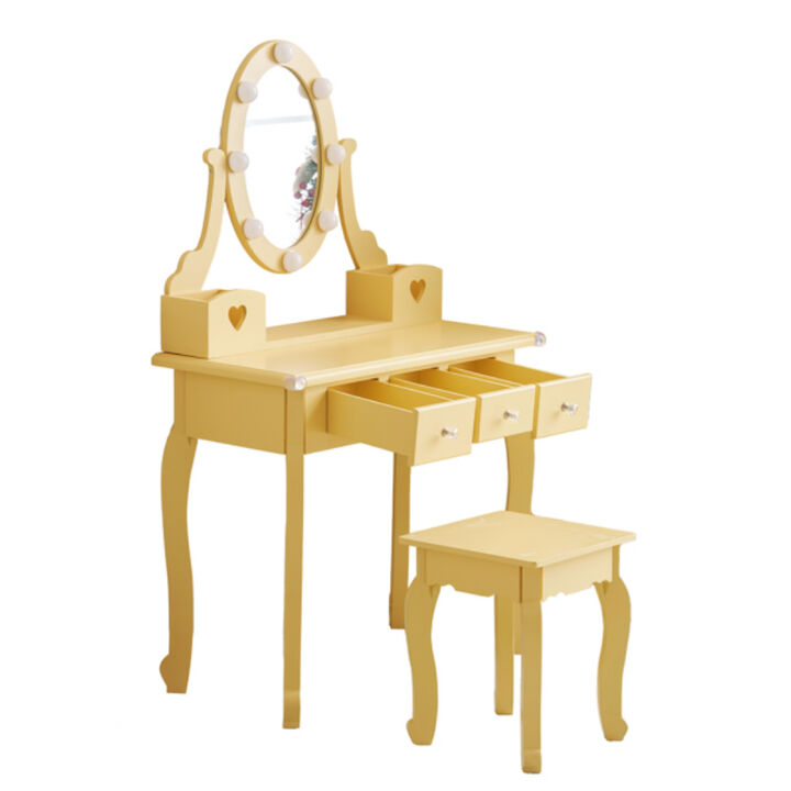 Girls Vanity Table with Mirror Lights and Stool Pretend Play Makeup Desk with Storage