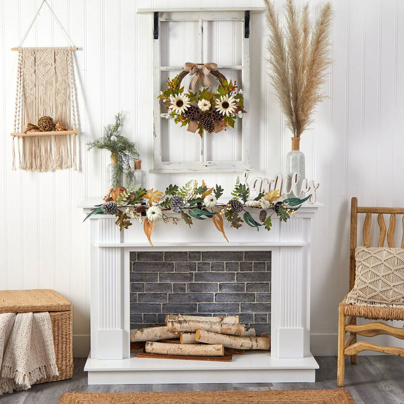 Nearly Natural 20-in Autumn Sunflower, White Pumpkin and Dried Lotus Pod Artificial Fall Wreath with Decorative Bow