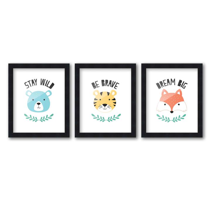 8x10 Framed Nursery Wall Art Set of 3 Hand Drawn Animal Prints in Black Wood Frames