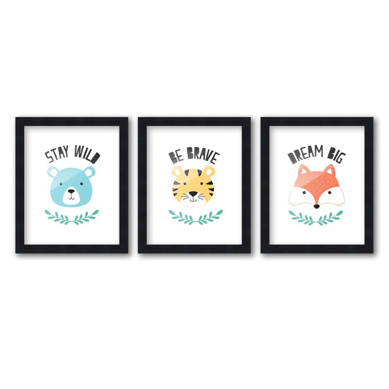 8x10 Framed Nursery Wall Art Set of 3 Hand Drawn Animal Prints in Black Wood Frames