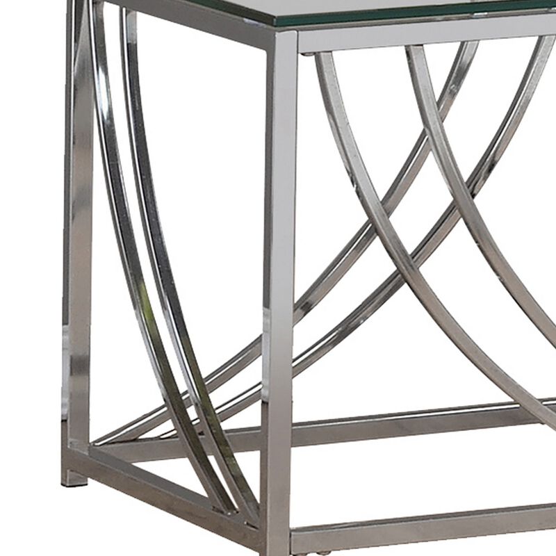 Tempered Glass Top End Table with Metal Tubular Legs, Chrome and Clear-Benzara