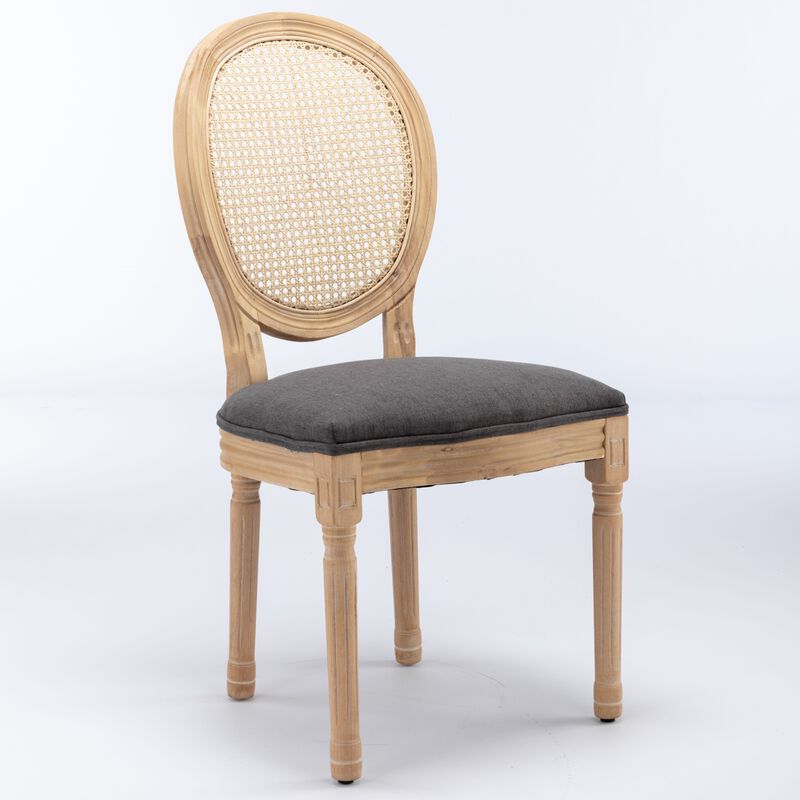 French Style Solid Wood Frame Antique Painting Linen Fabric Rattan Back Dining Chair, Set Of 2, Gray