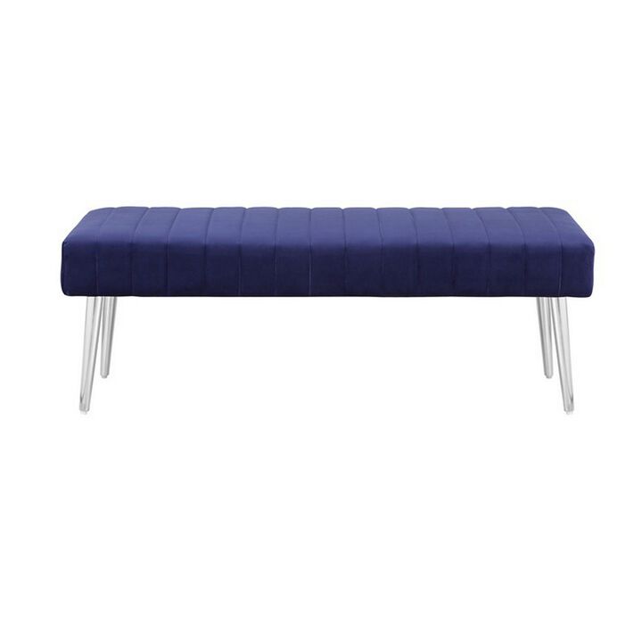 Lida 45 Inch Bench, Modern Tufted Lines, Blue Soft Velvet, Chrome Metal - Benzara