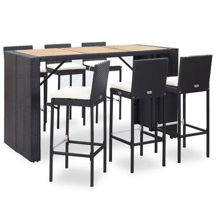 7pc Outdoor Bar Table and 6 Chairs Set, White Cushions, Black Rattan - Benzara