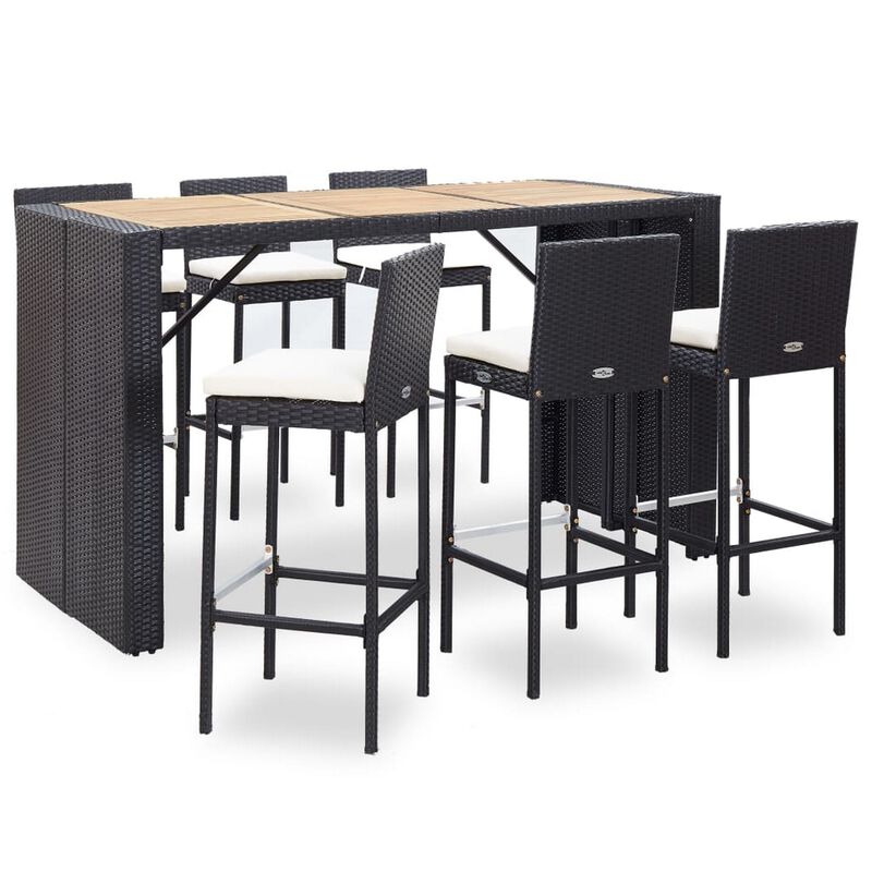 7pc Outdoor Bar Table and 6 Chairs Set, White Cushions, Black Rattan - Benzara