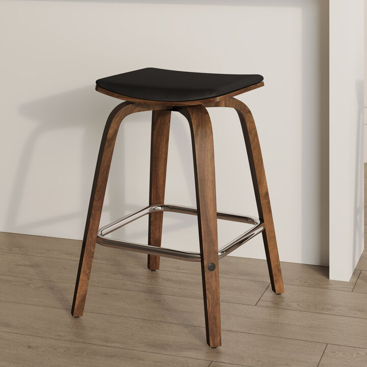 LeisureMod Pelya Wooden Counter Stool Square Seat Modern Style in Brown