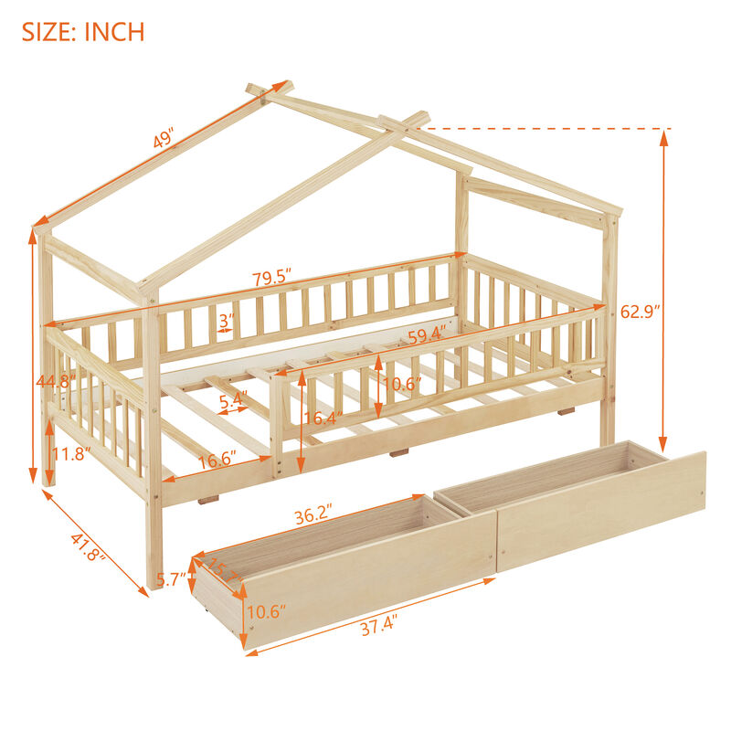 Merax Twin Size Wooden House Bed with 2 Drawers